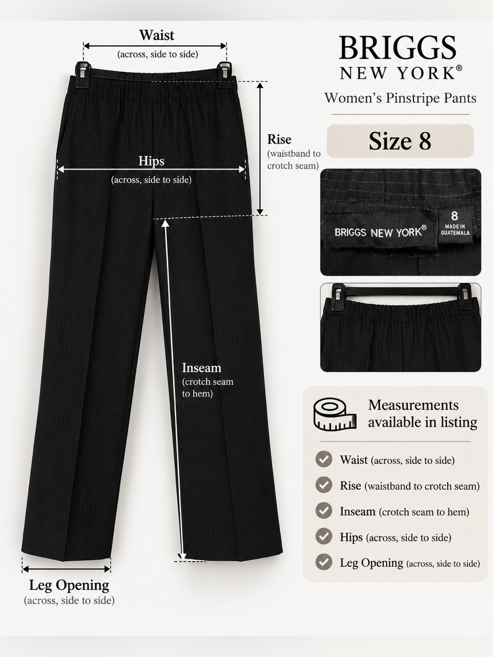 Briggs New York Pinstripe Pants Womens Size 8 Black Excellent Elastic Waist